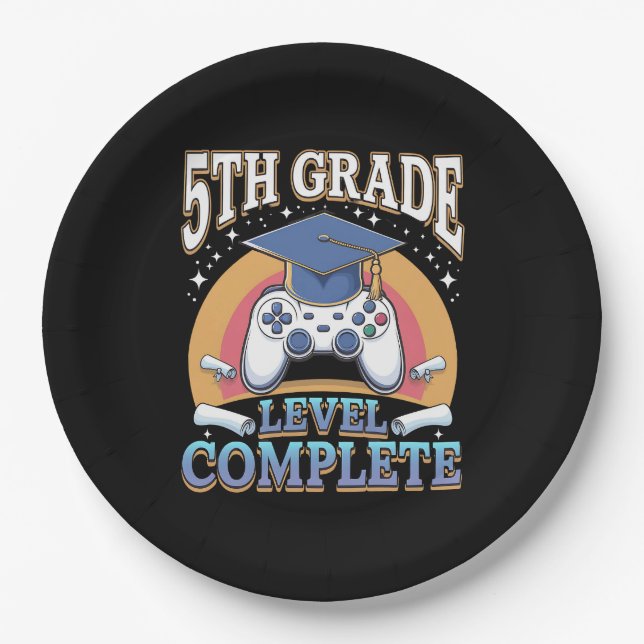5th Grade Level Complete Graduation Gaming Gamer Paper Plates (Front)