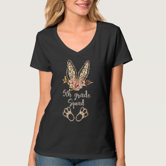 5th Grade Squad Teacher Easter Bunny Leopard Print T-Shirt (Front)