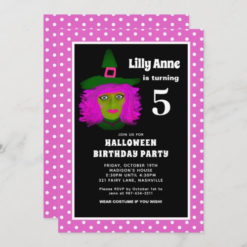 5th Halloween Birthday Party Cute Pink Witch Girls Invitation