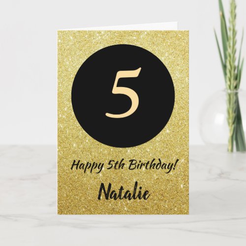 5th Happy Birthday Black and Gold Glitter Card