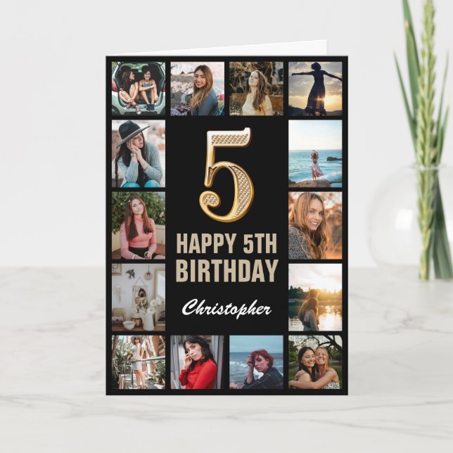 5th Happy Birthday Black and Gold Photo Collage Card (Front)