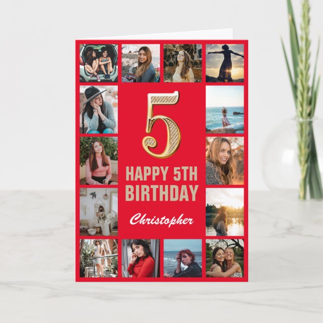 5th Happy Birthday Red and Gold Photo Collage  Card (Front)
