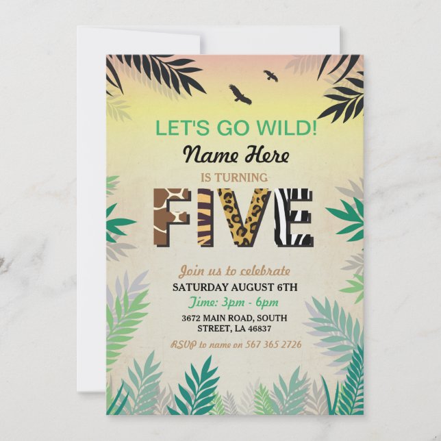 5TH Jungle Fifth  Birthday Party Safari ZOO Invite (Front)