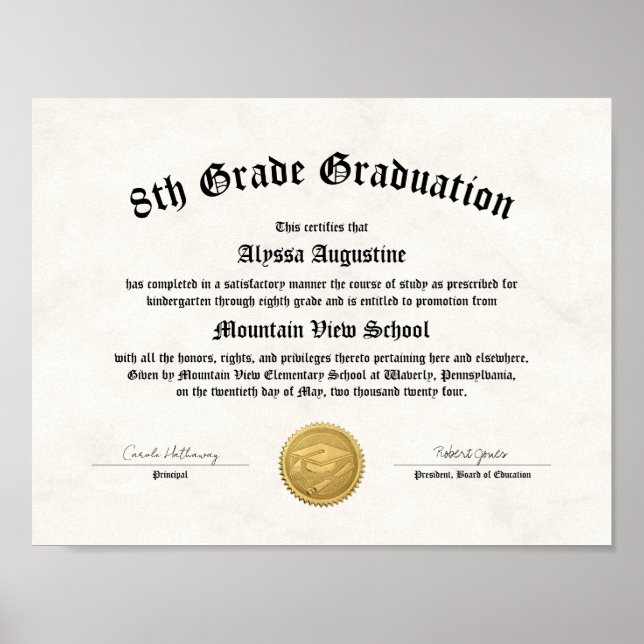 5th or 8th Grade Graduation or Promotion Diploma Poster (Front)