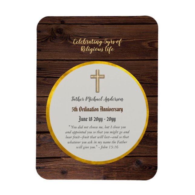 5th Ordination Anniversary Priest Wood Gold Magnet (Vertical)