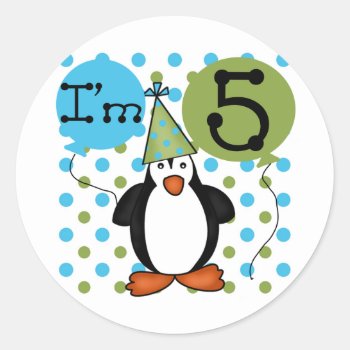 5th Penguin Birthday Tshirts And Gifts Classic Round Sticker by kids_birthdays at Zazzle