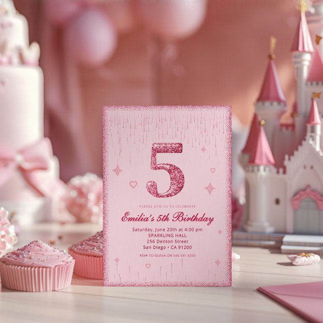 5th Pink Glitter Birthday | Sparkle Glitter Invitation (Creator Uploaded)