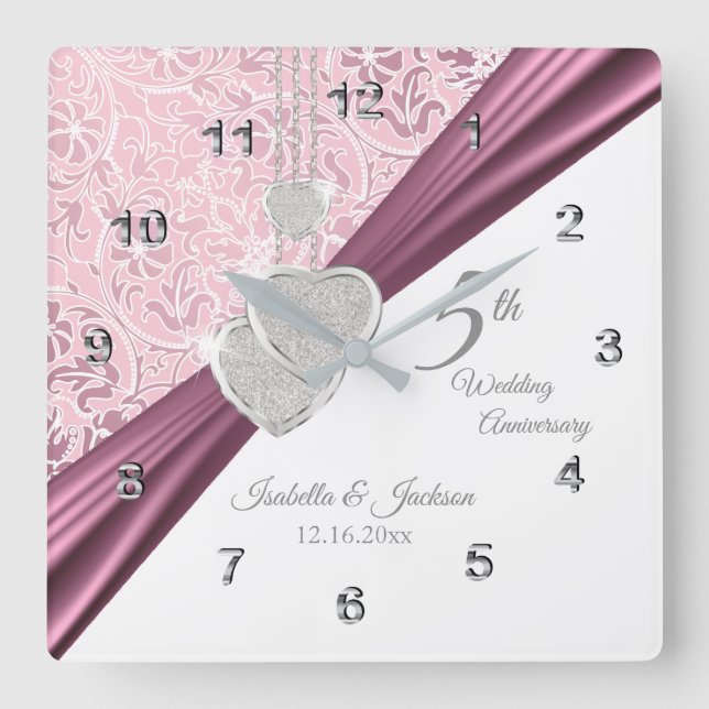5th Pink Wedding Anniversary Keepsake 2 Square Wall Clock (Front)