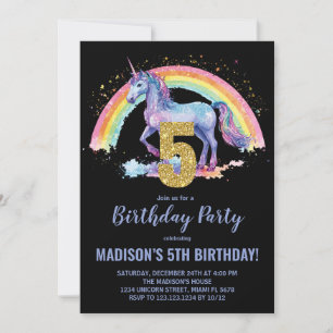 5th Rainbow Unicorn Birthday Invitations