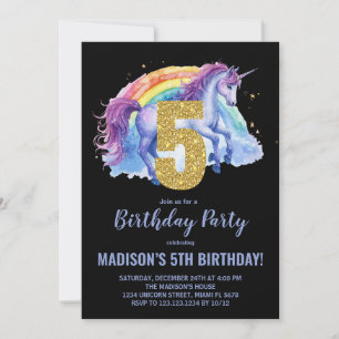 5th Rainbow Unicorn Birthday Invitations