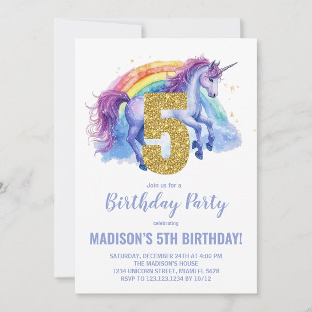 5th Rainbow Unicorn Birthday Invitations (Front)