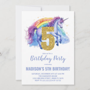 5th Rainbow Unicorn Birthday Invitations