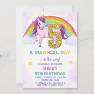 5th Rainbow Unicorn Birthday Invitations Cloud