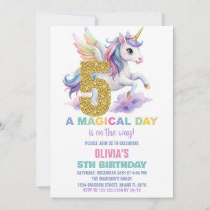 5th Rainbow Unicorn Birthday Invitations Fly