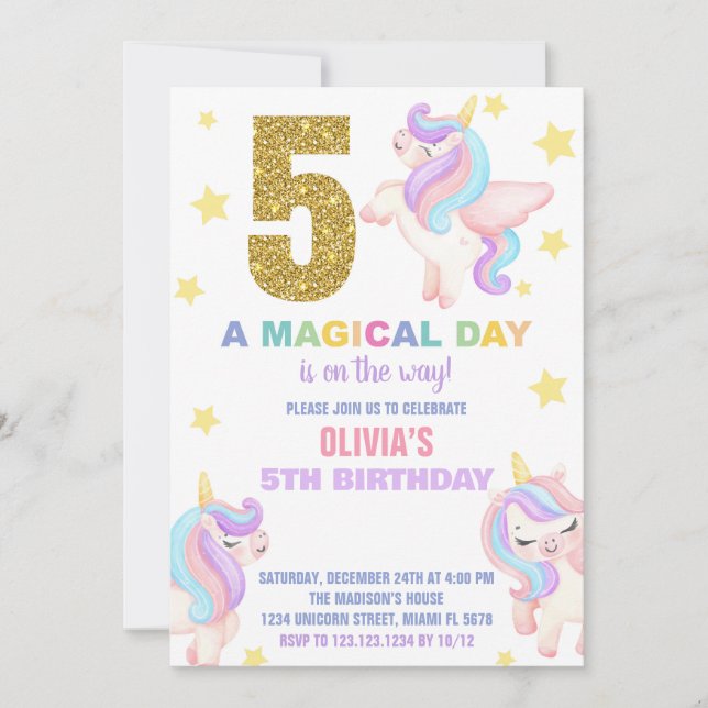 5th Rainbow Unicorn Birthday Invitations Fly (Front)