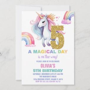 5th Rainbow Unicorn Birthday Invitations Glitter