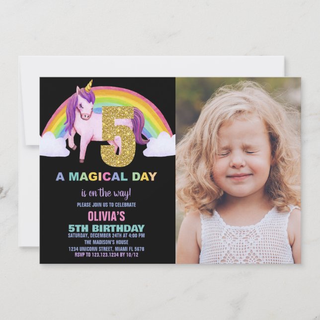 5th Rainbow Unicorn Birthday Invitations photo (Front)