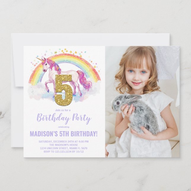 5th Rainbow Unicorn Birthday Invitations photo (Front)