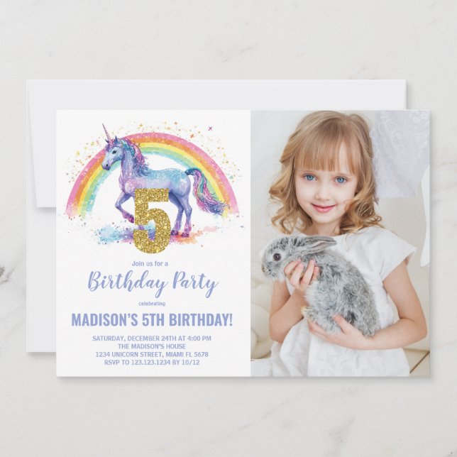5th Rainbow Unicorn Birthday Invitations photo (Front)