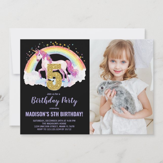 5th Rainbow Unicorn Birthday Invitations photo (Front)