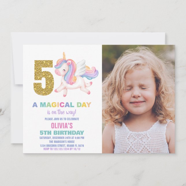 5th Rainbow Unicorn Birthday Invitations w photo (Front)
