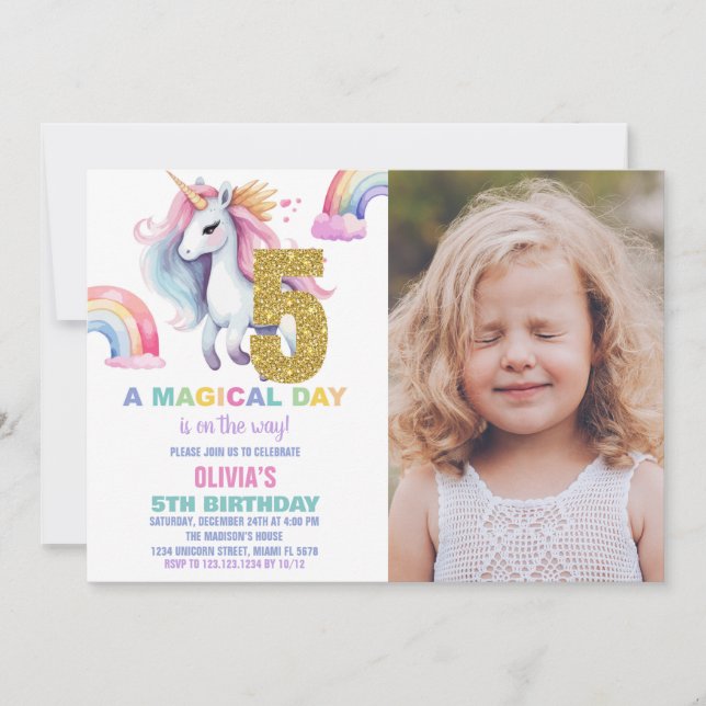 5th Rainbow Unicorn Birthday Invitations w photo (Front)