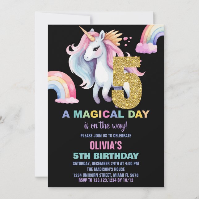 5th Rainbow Unicorn Birthday Invitations watercolo (Front)