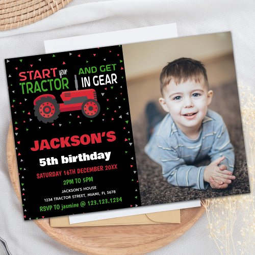 5th Red Tractor Birthday Invitations with photo