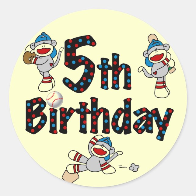 5th Sock Monkey Baseball Birthday Classic Round Sticker (Front)