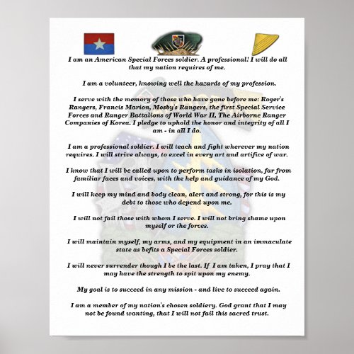 5th Special Forces Green Berets vietnam nam creed Poster
