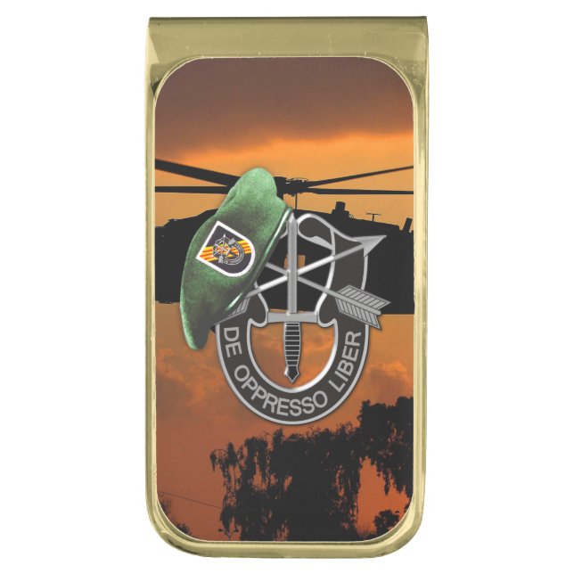 5th Special Forces Group Green Berets  Gold Finish Money Clip (Front Vertical)