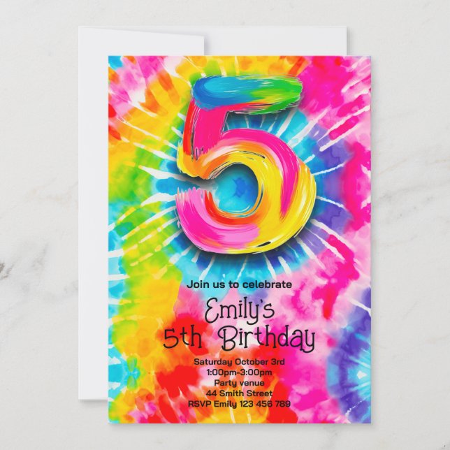 5th Tie Dye Birthday Invitation (Front)