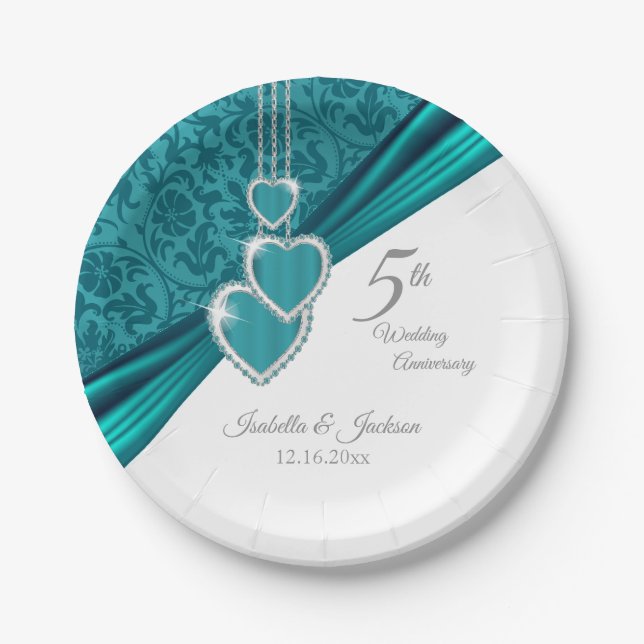 5th Turquoise Wedding Anniversary Design Paper Plates (Front)
