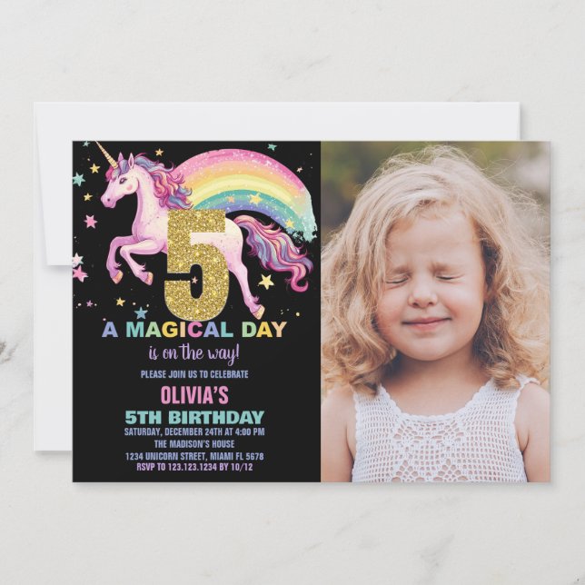5th Unicorn Birthday Invitations Black with photo (Front)