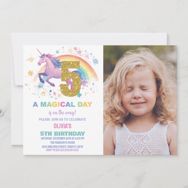 5th Unicorn Birthday Invitations with photo (Front)