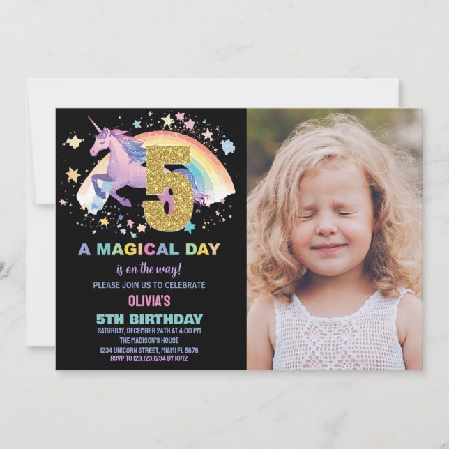 5th Unicorn Birthday Invitations with photo (Front)