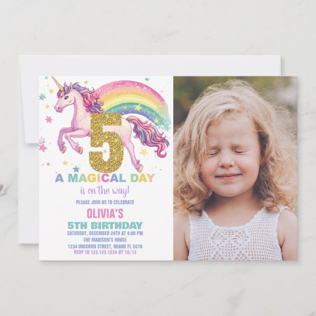 5th Unicorn Birthday Invitations with picture (Front)