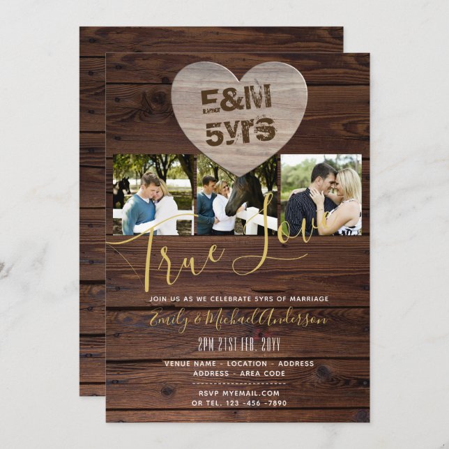 5th Wedding Anniversary - ADD PHOTOS x 3 RUSTIC Invitation (Front/Back)