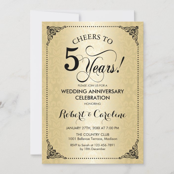 5th Wedding Anniversary - Black Gold Damask Invitation | Zazzle.com