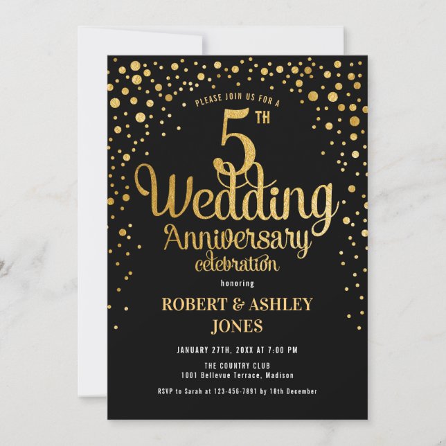 5th Wedding Anniversary - Black & Gold Invitation (Front)