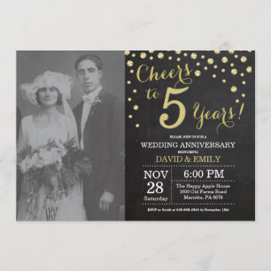 5th Wedding Anniversary Chalkboard Black and Gold Invitation