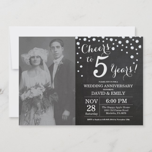 5th Wedding Anniversary Chalkboard Black Silver Invitation (Front)