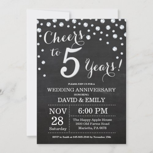 5th Wedding Anniversary Chalkboard Black Silver Invitation