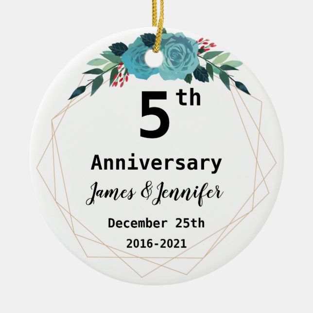 5th Wedding Anniversary Custom Names and Year Ceramic Ornament (Front)