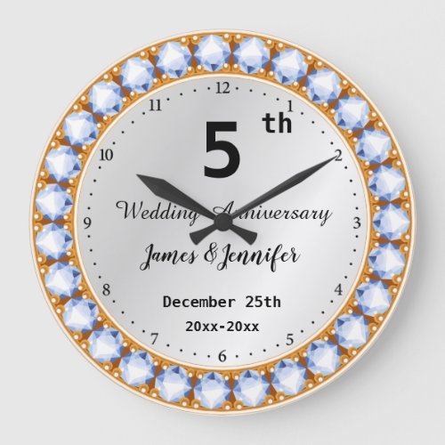 5th Wedding Anniversary diamond Custom Names Large Clock