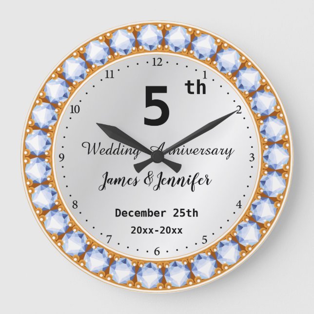 5th Wedding Anniversary diamond Custom Names Large Clock (Front)