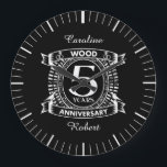 5th wedding anniversary distressed crest large clock<br><div class="desc">A design to celebrate your fifth year of marriage. This first wedding anniversary design has a distressed white crest,  with the text wood,  5 year ,  anniversary.  If you would like any help customizing this design please contact me,  their is an ask this designer button,  just below this text.</div>