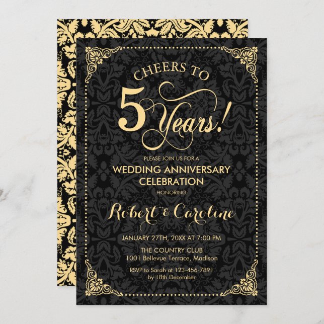 5th Wedding Anniversary - Gold Black Damask Invitation (Front/Back)