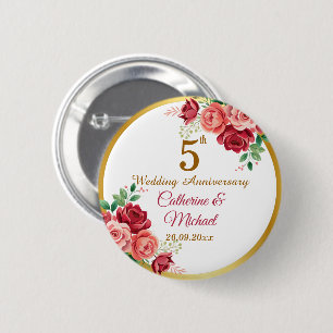 5th Wedding Anniversary Gold Frame Floral Button
