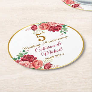 5th Wedding Anniversary Gold Frame Floral Round Paper Coaster